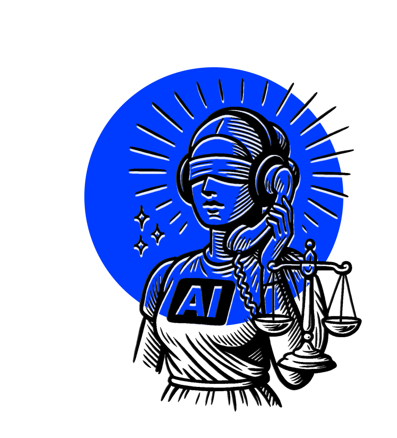 Justitia mit Kopfhörern und Telefon, Symbol für KI-gestützte Rechtsassistenz